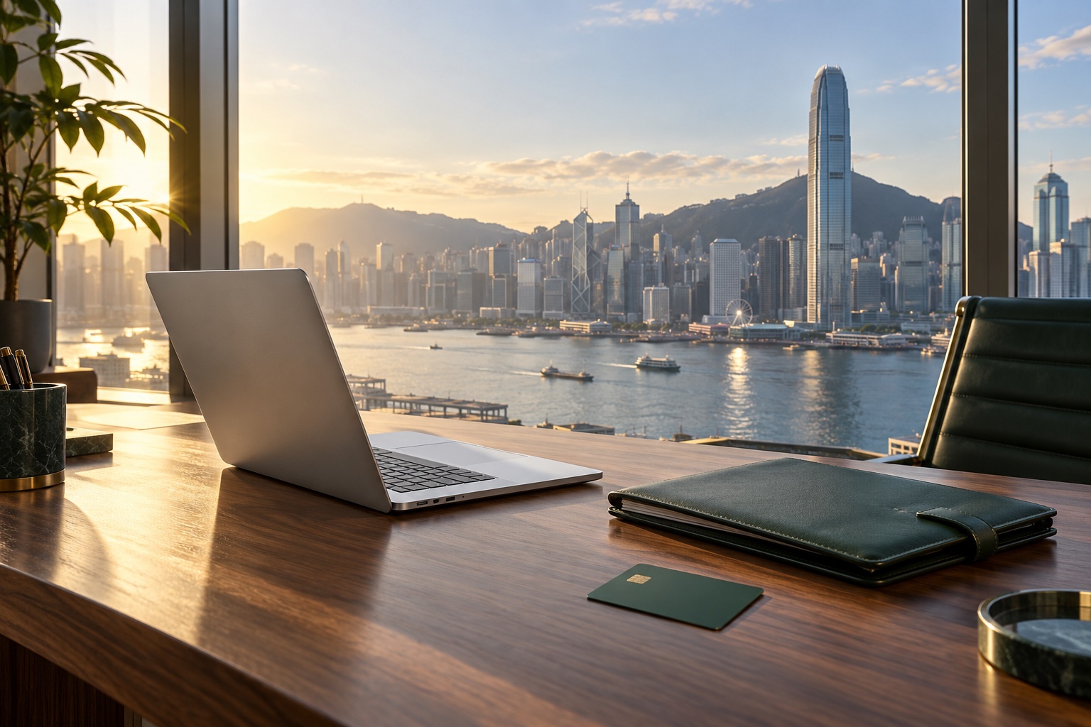 A laptop and payment card on a desk overlooking a city bay